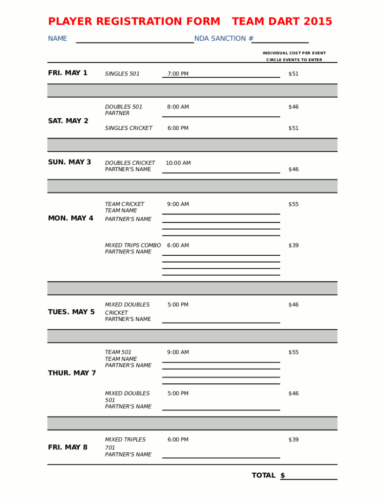Team Dart Player Registration Form CITY AMUSEMENT LEAGUE SYSTEM